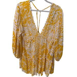Blue Island Dress Swim Cover Up Women's Large Yellow & White Boho Indie Festival